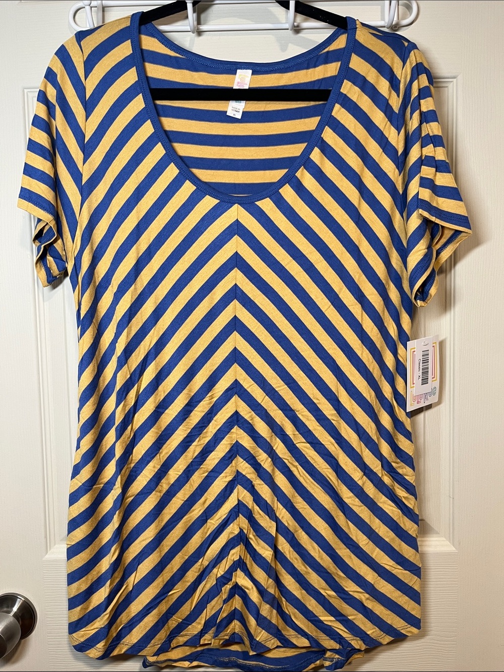 LuLaRoe Blue and Yellow Striped Scoop Neck Tee